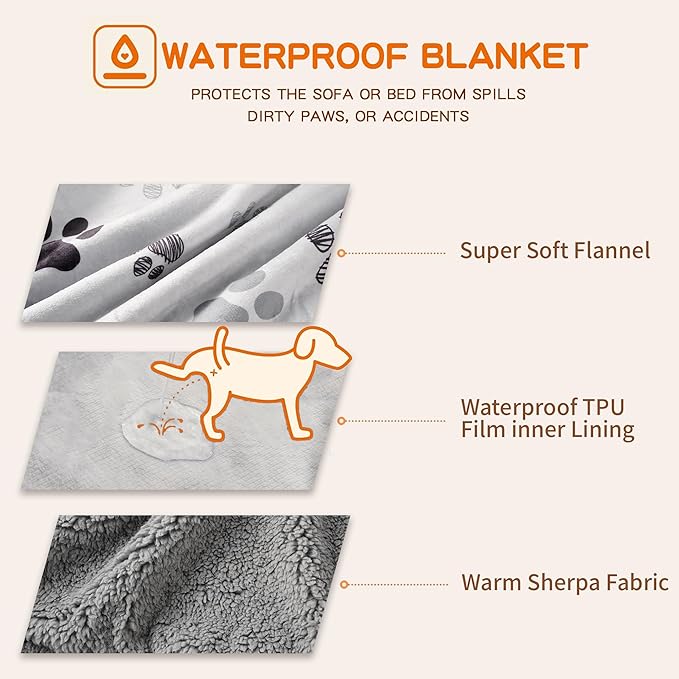 CAPT.SNOOZE Waterproof Dog Blankets, 30"x40" Cat Blanket for Indoor Cats, Soft Fluffy Sofa Car Bed Protector, Reversible Sherpa Fleece Puppy Blanket for Small Medium Dogs (Light Grey-Paws)