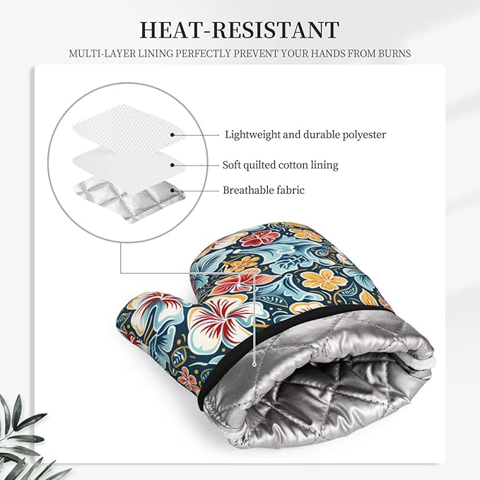 Oven Mitts and Potholders Retro Colored Flowers Silicone Glove Heat Resistant, Kitchen Gloves for Cooking, 2-Piece Set
