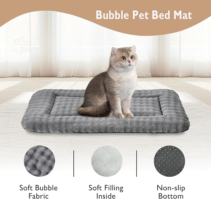 Yaning Pet Bed Mat Crate Pad for Cats Small Dogs, Washable Soft Pet Sleeping Mat Kennel Pad with 3D Bubble Pattern, Grey, 24"x 18"