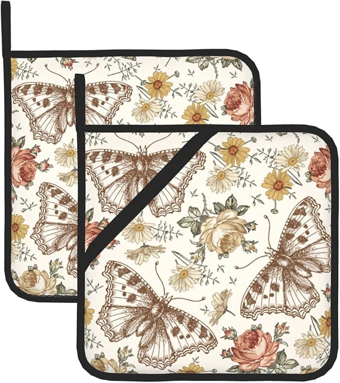 2-PC Retro Butterfly and Flowers Pot Holders, Heat Resistant Hot Pot Pads for Kitchen Camping, Non-Slip Grip Pad Holder with Three Layers Soft Fabric (Beige)