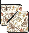 2-PC Retro Butterfly and Flowers Pot Holders, Heat Resistant Hot Pot Pads for Kitchen Camping, Non-Slip Grip Pad Holder with Three Layers Soft Fabric (Beige)