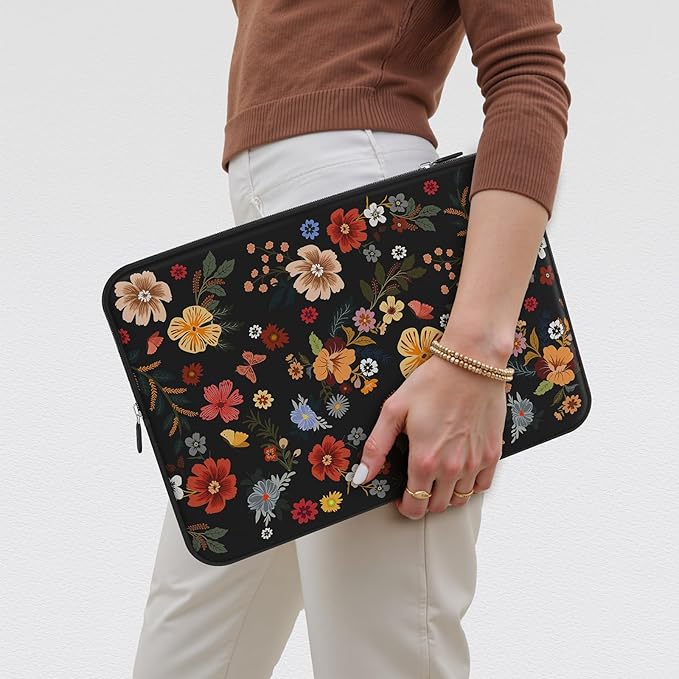 iCasso Laptop Sleeve 13 inch for MacBook Air 13-13.6 inch, Cute Laptop case for MacBook Pro 13 inch, Slim Protective Travel Carrying Case for MacBook Pro 14 inch, Chromebook, HP, Dell, Black Floral