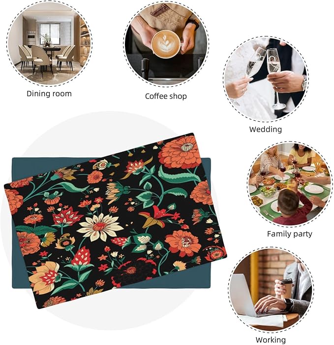 Boho Mandala Flower Placemats, Abstract Nature Hippy Orange Nature Flower Art Print Washable Fabric Placemats Table Kitchen Dining Party 12x18 Inch Set of 6