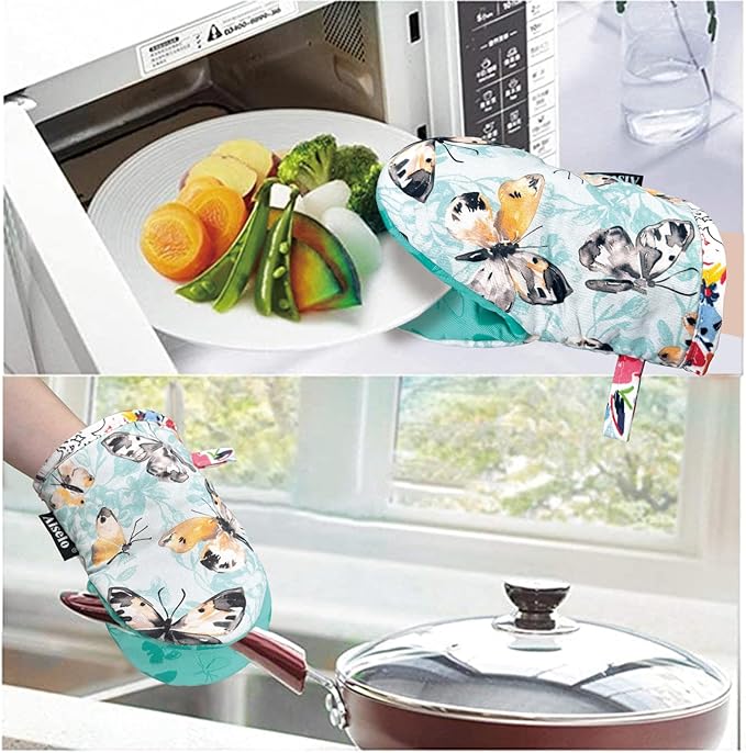 Mini Oven Mitts,2pk - Silicone Little Kitchen Gloves, Heat Resistant with Non-Slip Grip and Soft Quilted Cotton Lining for Safe Backing Cooking Barbecue (Turquoise, Butterfly)