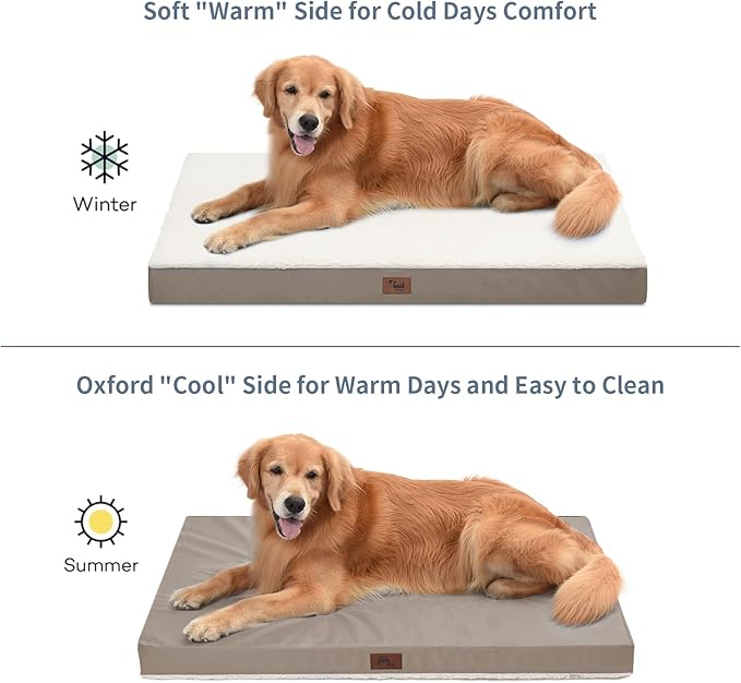 Tail Stories Plush Orthopedic Dog Bed for Medium Dogs & Puppies, Waterproof Dog Beds 30x20 Inch with Removable Washable Cover, Egg Crate Foam Flat Pet Mat, Khaki White