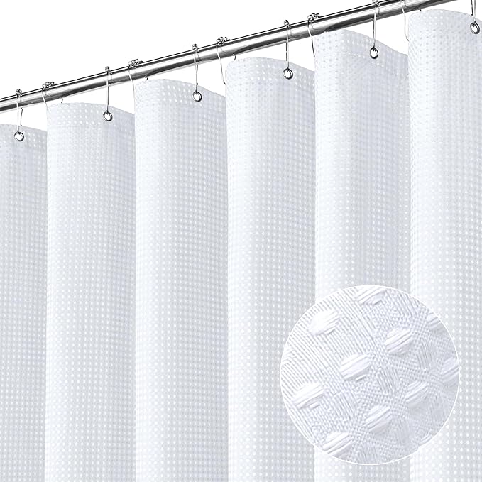 MitoVilla Extra Long Shower Curtain 72 x 84, White Waffle Farmhouse Fabric 84 inch Shower Curtain, XL Shower Curtains for Bathroom Decor, Luxury Weighted Shower Curtain 84 inch