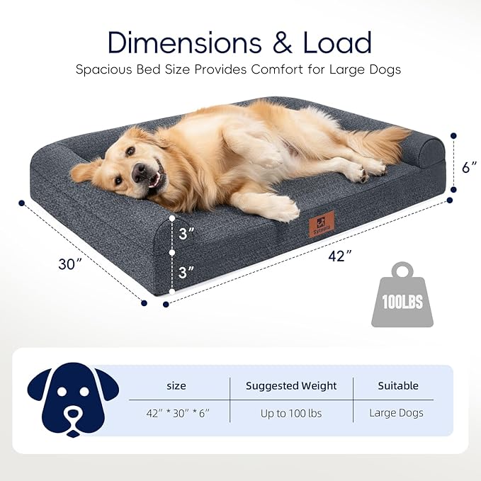 Sytopia Indestructible Chew Proof Orthopedic Sofa Dog Bed for Extra Large Dogs 42x30 Inch, XL Waterproof Foam Pet Couch Bed with Sides, Egg Crate Foam Dog Bed with Washable Removable Cover, Dark Grey