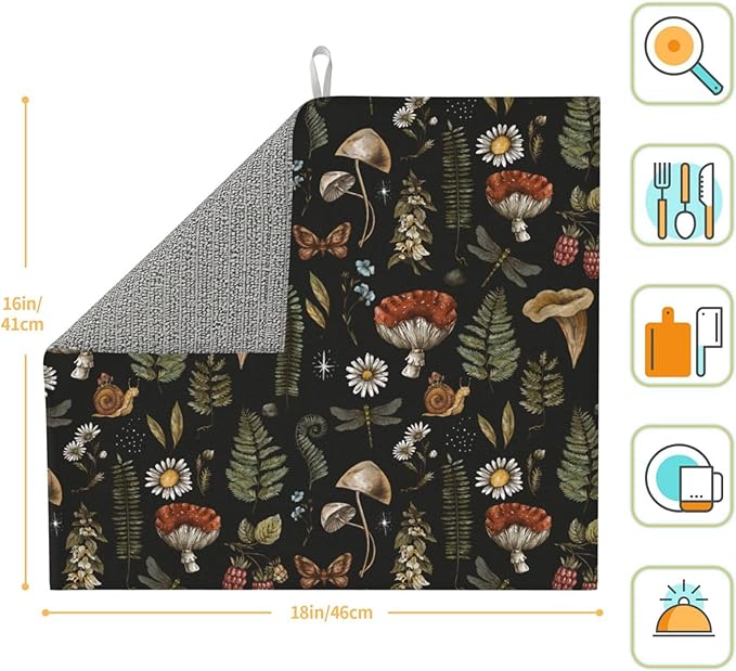 Mushroom Oven Mitts Pot Holders Set of 4 + Dish Drying Mat 16x18 Inch Vintage Magic Leaf for Kitchen