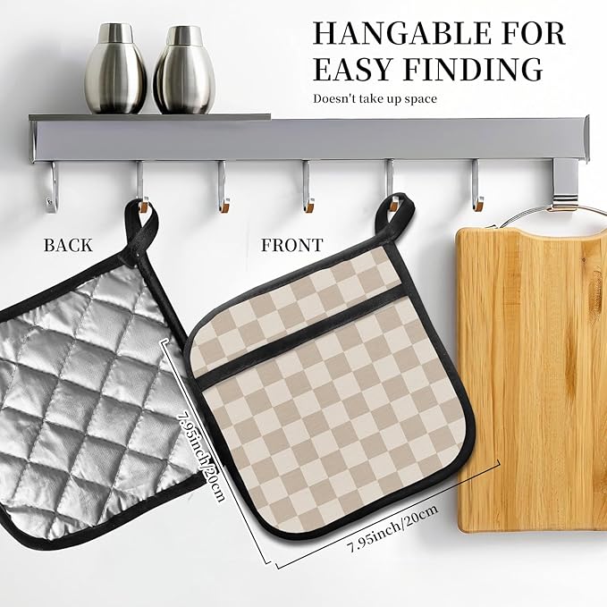 2 Pack Pot Holders for Kitchen Clearance, Cute Hot Pads, Funny Oven Pot Holders, Potholders Sets for Kitchen Heat Resistant Cute Brown Checkerboard