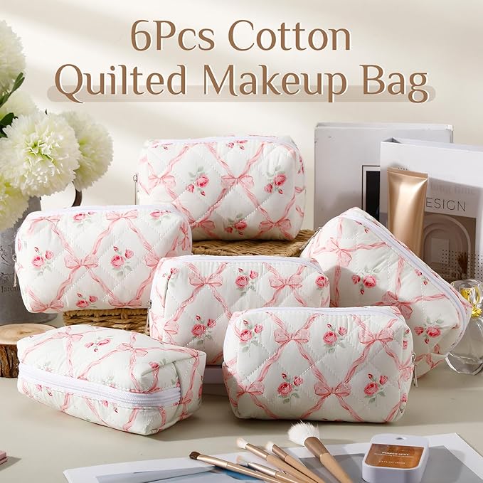 Paterr 6 Pcs Quilted Makeup Bag Bulk for Women Girls Birthday Valentine's Day Bridesmaid Gifts Cute Cotton Cosmetic Pouch Bow Floral Coquette Aesthetic Travel Toiletry Bag(Bowknot Rose,Pink)