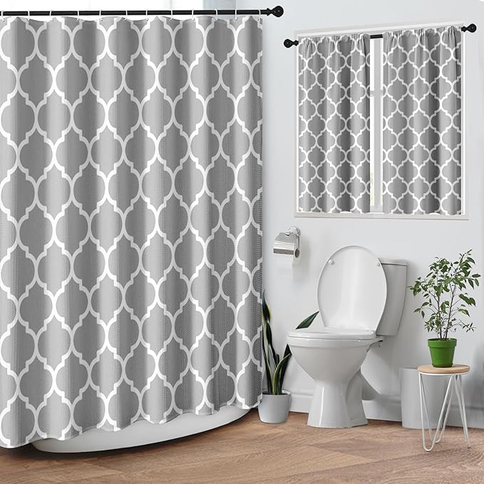 Culudea Gray Plaid Quatrefoil Moroccan Waffle Textured Cloth Shower Curtain Set, Grey Checkered Four Leaf Clover Grid Bathroom Window Waterproof Shower Curtains for Bathroom Decor