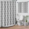 Culudea Gray Plaid Quatrefoil Moroccan Waffle Textured Cloth Shower Curtain Set, Grey Checkered Four Leaf Clover Grid Bathroom Window Waterproof Shower Curtains for Bathroom Decor