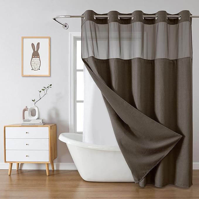 eachope Brown No Hook Waffle Weave Shower Curtain with snap-in Liner Replacement, 230GSM Waterproof Fabric Hotel Shower Curtain Set for Bathroom, Through Mesh Top Window,71Wx77H