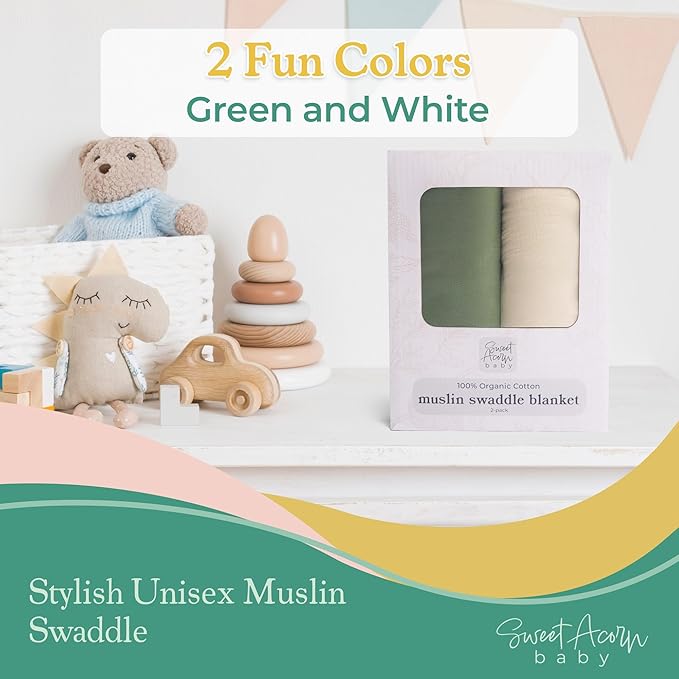 Sweet Acorn Muslin Swaddle Blanket – Soft Cotton Muslin Baby Blanket for Newborns, Infants, and Toddlers, All-Season Comfort Baby Essential - Green and White