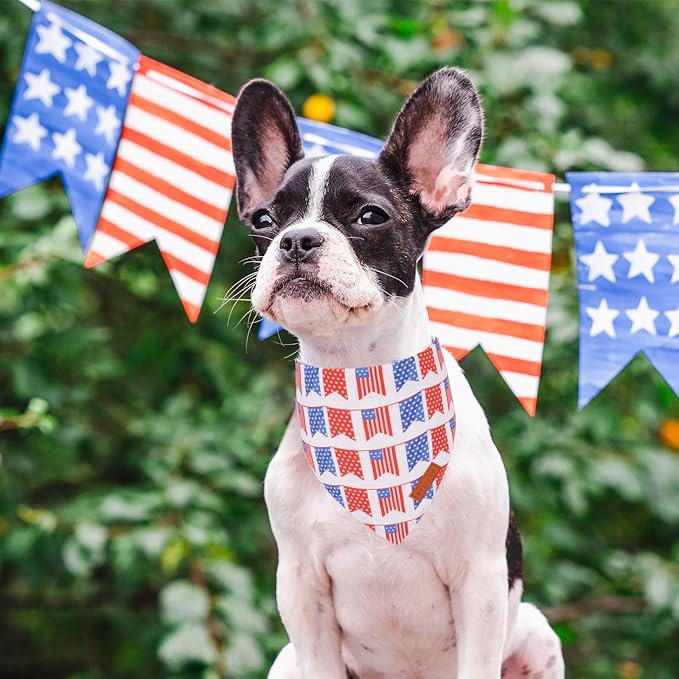 PTDECOR American Flag Dog Bandana White and Blue Flag Patterns, 4th of July Pet Scarf Reversible Triangle Patriotic Bandanas for Small Dogs Pets (Small)