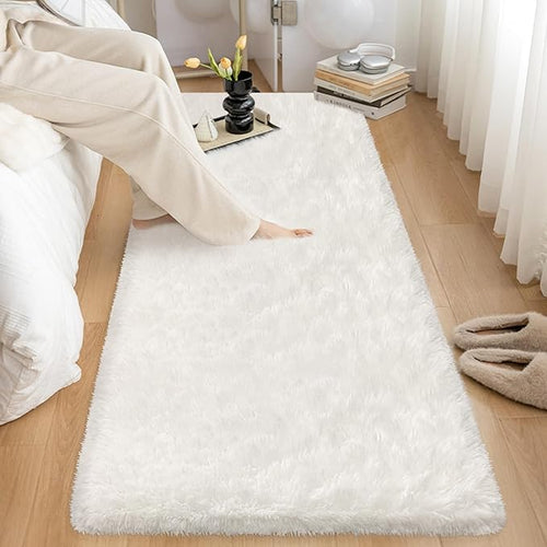 2x6 Ft Shag White Runner Rug for Bedroom Fuzzy Soft Fluffy Carpet Non-Slip Bottom for Hallway Bedside Living Room Dorm, Furry Area Rug for Nursery Playroom Indoor Home Decor