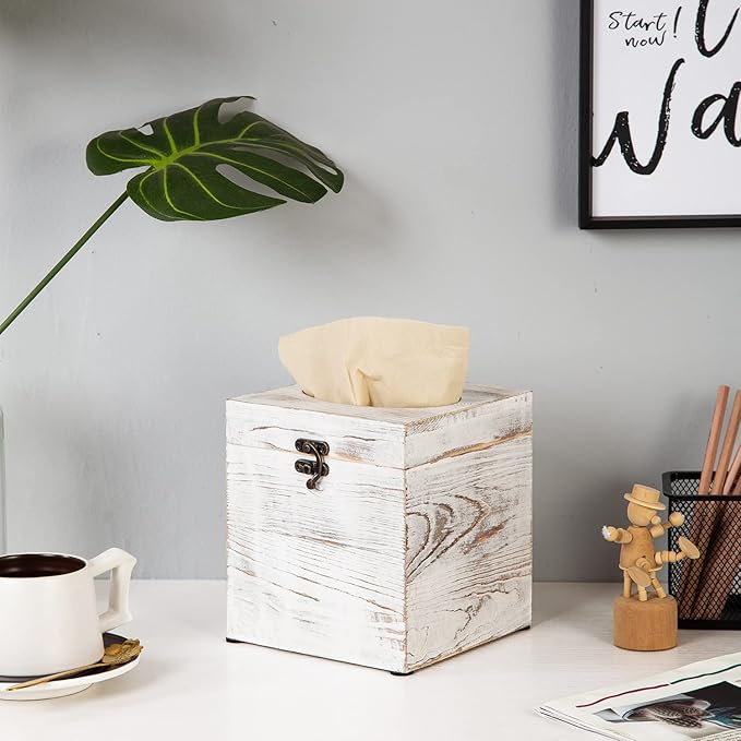Distressed Farmhouse Square Solid Wood Tissue Box Cover with Slide-Out Bottom Panel Honey Brown Tissue Box Holder for Bathroom Living Room Dining Room Bedroom Toilet (Vintage White)