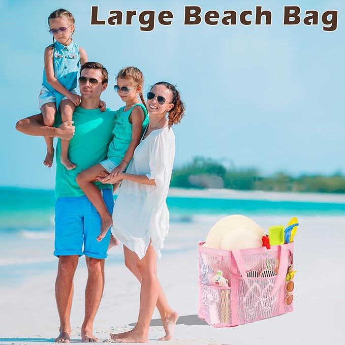 Fammart Mesh Beach Bag, Large Beach Tote Bags with Zipper, Toys Pool Bag for Family Travel Vacation Cruise Essentials