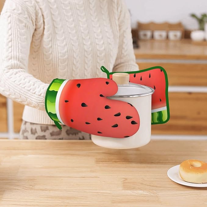 Oven Mitts and Potholders Watermelon Print Silicone Glove Heat Resistant, Kitchen Gloves for Cooking, 2-Piece Set