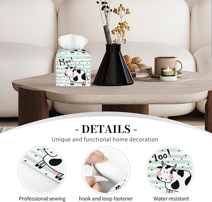 POIUBLE Leather Tissue Box Holder Cute Cow on Stripes Tissue Box Cover Square Waterproof Tissue Holder Organizer Modern Napkin Holder for Bedroom Dresser Night Stand Office Desk