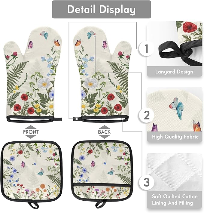 Floral Grass Oven Mitts and Pot Holders Sets 2Pcs - Heat Resistant Non Slip Long Spring Wildflower Kitchen Gloves Hot Pads for Cooking Baking Grilling Decoration