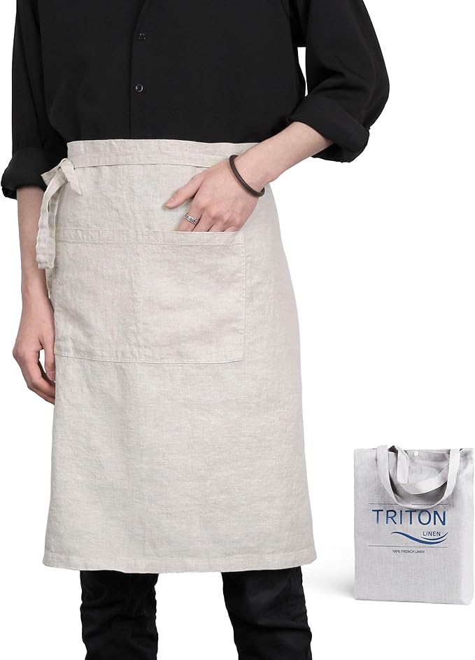 Pure Linen Bistro Half Apron - 25 x 35 Inch Unisex Waist Aprons with Large Pocket Ideal for Kitchen Crafts and More