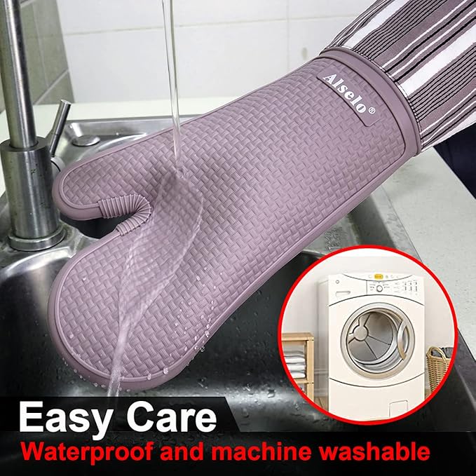 Silicone Oven Mitts Heat Resistant 550 Degree Extra Long Kitchen Gloves Pot Holders with Waterproof and Non-Silp for Baking Cooking Barbecue Microwave Machine Washable (Extra Long Purple, 2)