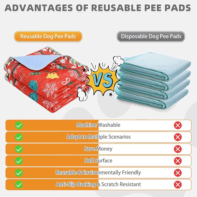 KOOLTAIL Washable Pee Pads for Dogs, 2 Pack Christmas Pet Mats, Super Absorbent Reusable Puppy Training Pads Waterproof,Nonslip Leak-Proof Dog Pee Pad,Large Whelping Pads for Floor,Crate,Couch,36"*41"
