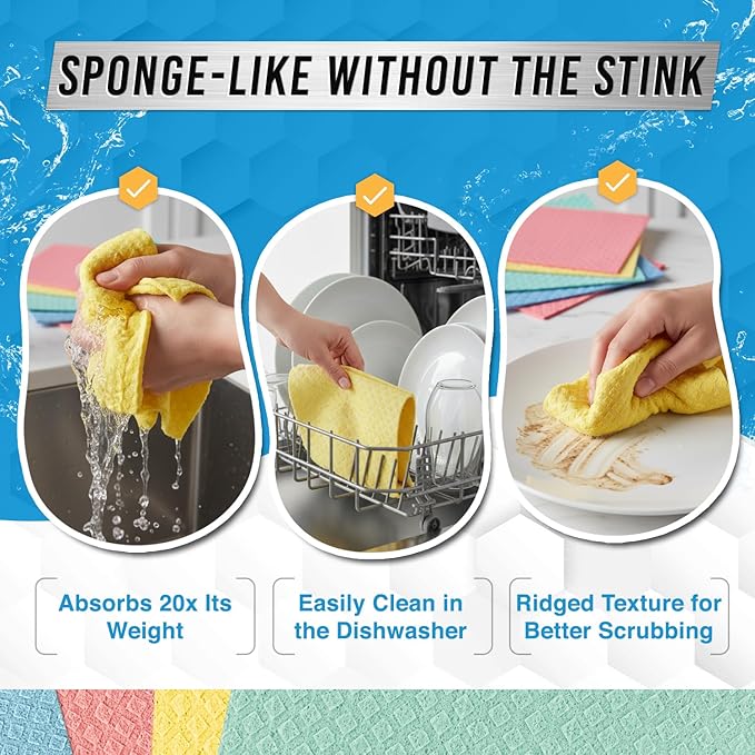ACTIVE Swedish Dish Cloths for Kitchen 12 Pack Cellulose Sponge Cloth, Washable Dishcloths for Washing Dishes, Original European Dish Towels, Absorbent Reusable Paper Towels - Multicolor Assorted