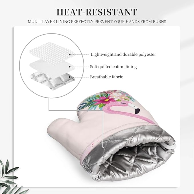 Cute Flamingo Pink Pretty Oven Mitts And Pot Holders Set Of 4 Silicone Heat Resistant Oven Mitten Potholders Non Slip Gloves Kitchen Decor For Bbq Cooking Grilling Baking
