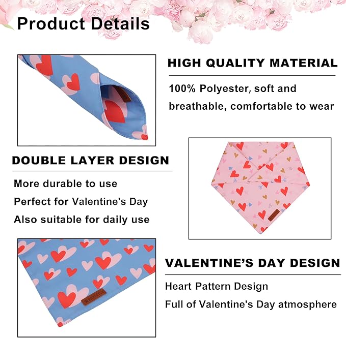 ADOGGYGO Valentine Dog Bandana, Blue Pink Heart Pet Scarf, Premium Durable Fabric, Adjustable Fit Pet Valentine Bandanas for Small Dogs Puppies (Small)