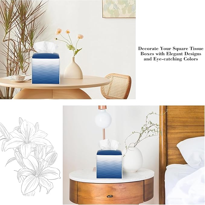 Blue Grey Ombre Striped Tissue Box Cover Square Leather Tissue Holder Waterproof Facial Paper Organizer Dispenser Cube Paper Cover Case for Home Office Bathroom Vanity Countertop