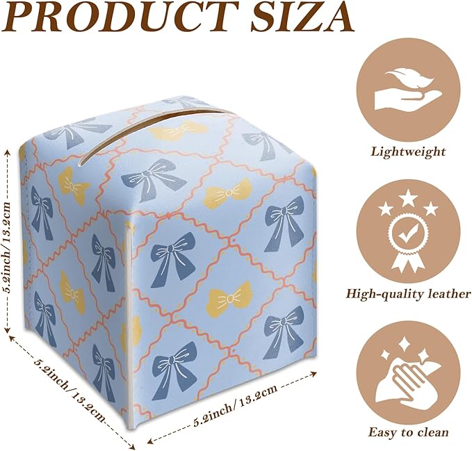 Blue Gingham Bow Tissue Box Cover Square, Vintage Leather Tissue Holder with Bottom Belt, for Nightstands Desks Office Bathroom Car Vanity Home Decor Supplies -007