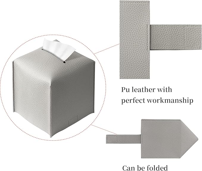 REGELETO Square Tissue Box Cover, Pu Leather Tissue Box Holder with Bottom Belt Modern Stylish Tissue Box Organizer for Bathroom, Bedroom, Hotel, Office Desk 5"X5"X5"-Grey