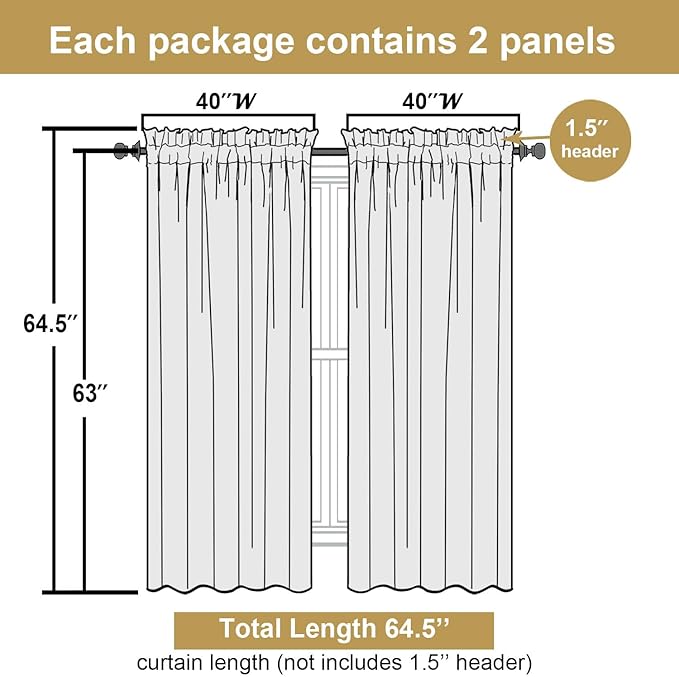 Lecloud Bessie Curtains 63 Inch Length 2 Panels, Soft Faux Linen Textured Farmhouse Curtains, Light-Filtering Rod Pocket Window Treatments for Bedroom Dining Room, Each 40 W x 63 L, Natural