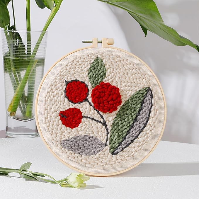 Allazone 3 Set Punch Needle Kits, 20 cm Embroidery Starter Kits with Rose Pattern, Punch Needle Tool Threader Fabric Embroidery Hoop, Yarn and Home Decor