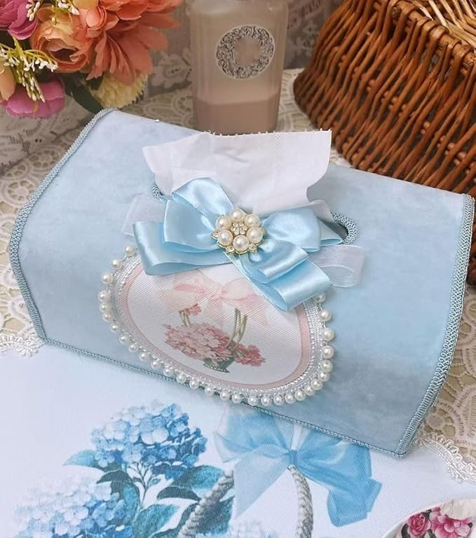 Tissue Cover Holder Fabric Art Cute Tissue Box Cover Dispenser Napkin Organizer for Bathroom Bedroom Office and Car (C - Light Blue)
