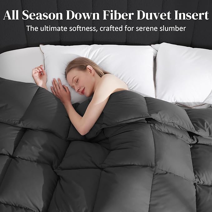 Dreamhood Down Feather Fiber Comforter Oversized King Fluffy Breathable Dark Grey Duvet Insert Ultra Soft All Season Luxury Bedding Comforter with Corner & Center Loops (116"x98")