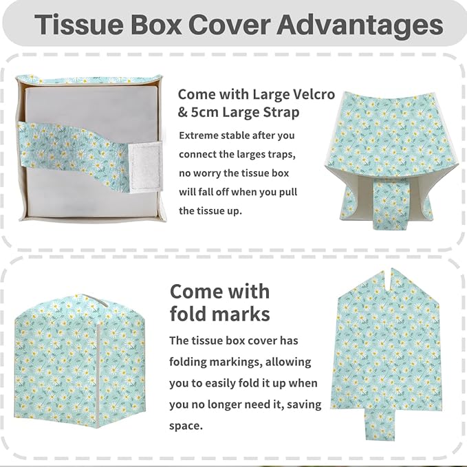 Tissue Box Cover, Tissue Box Holder, Square with Belt Bottom, PU Leather Decorative Organizer for Desk, Tabletop, Countertop Bathroom, Toilet Car, Office, Dresser Bedside, Aesthetic Wildflowers Decor