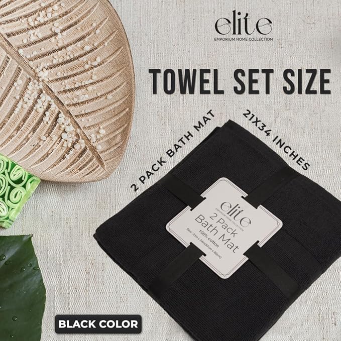 ELITE Emporium Home Collection 2-Piece Cotton Bathroom Mat Set, 21" x 34" - 100% Cotton, Absorbent, Quick-Dry, Bath Towel Mats for Floor, Black [Not a Bathroom Rug]
