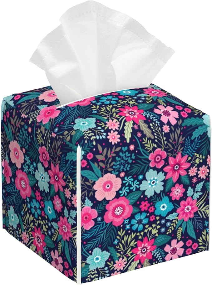 BLYKVGHQ Square Tissue Box Cover Colorful Flowers and Leaves Tissue Box Holder Facial Cube Paper Dispenser Leather Decorative Organizer Home Office Desk Decor, 5.2"x5.2"x5.2"