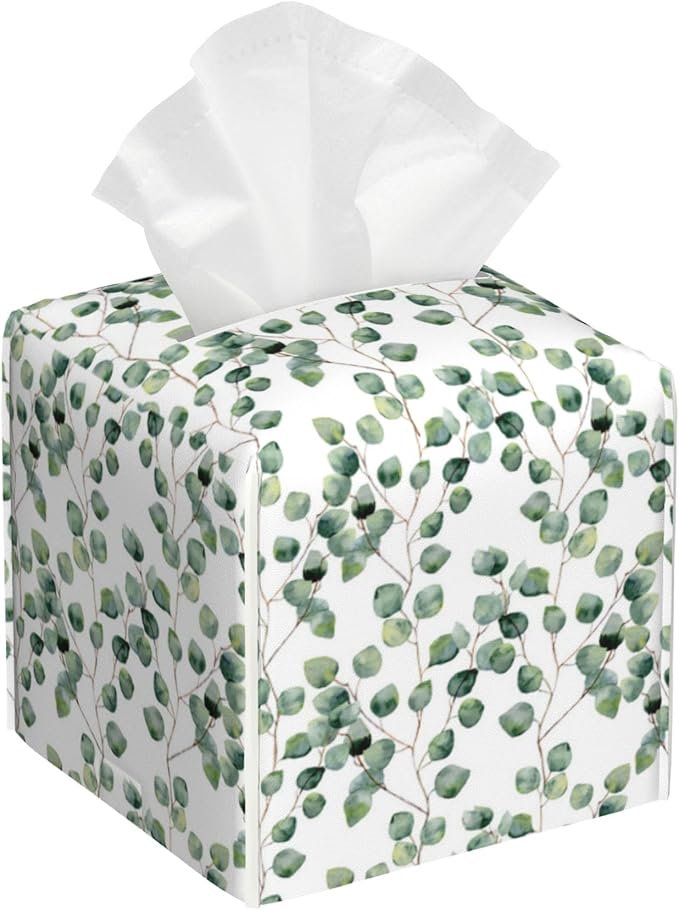 POIUBLE Leather Tissue Box Holder Green Eucalyptus Leaves Tissue Box Cover Square Waterproof Tissue Holder Organizer Modern Napkin Holder for Bedroom Dresser Night Stand Office Desk
