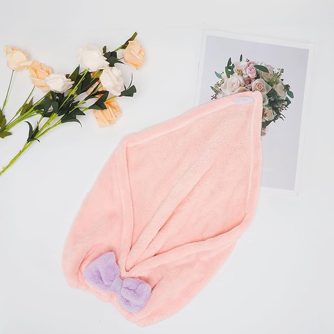 VOCOSTE 2pcs Hair Drying Towels, Triangular Hair Towel Wrap for Women, Absorbent Hair Turban Towel, Bow Hair Drying Cap for Straight Short Hair, Pink