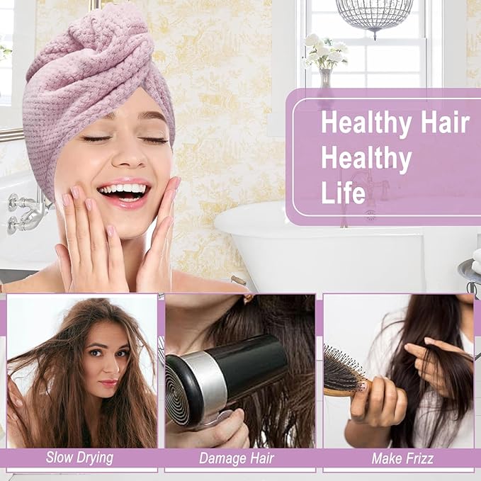 YHPDYL 3 Pack Microfiber Hair Towel Wrap for Women, Fast Drying Hair Turban with Button, Anti-Frizz Large Hair Towel for All Hair Styles, Soft & Absorbent Hair Drying Towel (Purple, Bule, Brown)