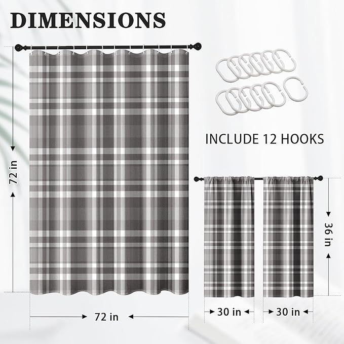 Culudea Grid Gray White Plaid Shower Curtain Set, Geometric Farmhouse Bathroom Window Waterproof Waffle Textured Cloth Shower Curtains for Bathroom Decor