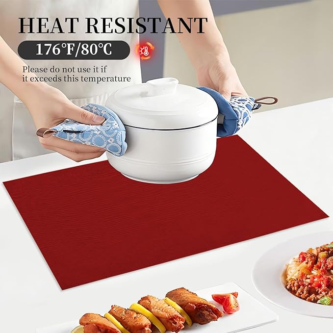 Placemats Set of 6 Linen Type Fabric Cloth Placemats, 19 x 13 Inch Double Layered Thick Wrinkle Free Heat Resistant Table Place, for Dining, Kitchen, Party (Burgundy, 48 * 33cm)