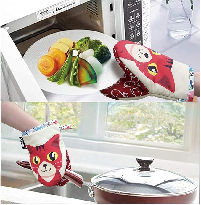Mini Oven Mitts,2pk - Silicone Little Kitchen Gloves, Heat Resistant with Non-Slip Grip and Soft Quilted Cotton Lining for Safe Backing Cooking Barbecue (Red, 2)