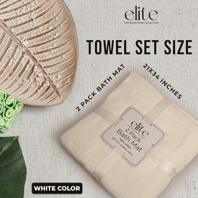 ELITE Emporium Home Collection 2-Piece Cotton Bathroom Mat Set, 21" x 34" - 100% Cotton, Absorbent, Quick-Dry, Bath Towel Mats for Floor, White [Not a Bathroom Rug]