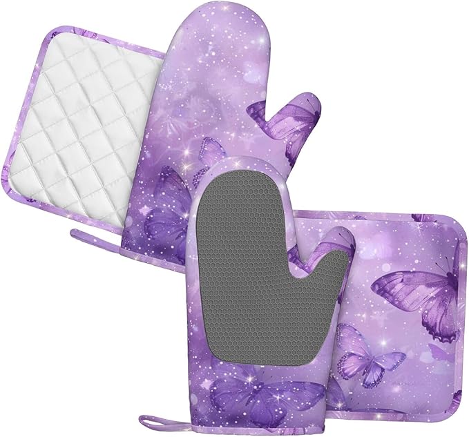 Oven Mitts Pot Holders Set Butterfly Purple Pastel Silicone Kitchen Gloves Potholders Heat Resistant for Chef Baking Cooking Grilling BBQ 4 Pack Mitt