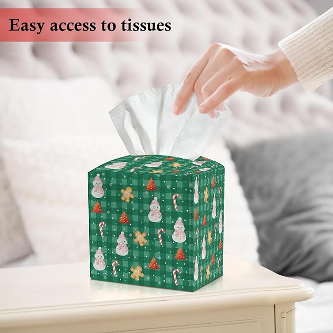 Christmas Gingerbread Tissue Box Cover, Snowman Leather Tissue Holders Decorative for Home Office Kitchen Bathroom Organizer, Square Facial Paper Organizer Christmas Table Decor -036